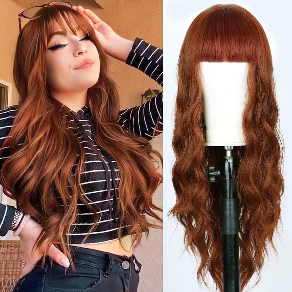 [26 INCHES] Auburn Long Wavy Wig with Bangs